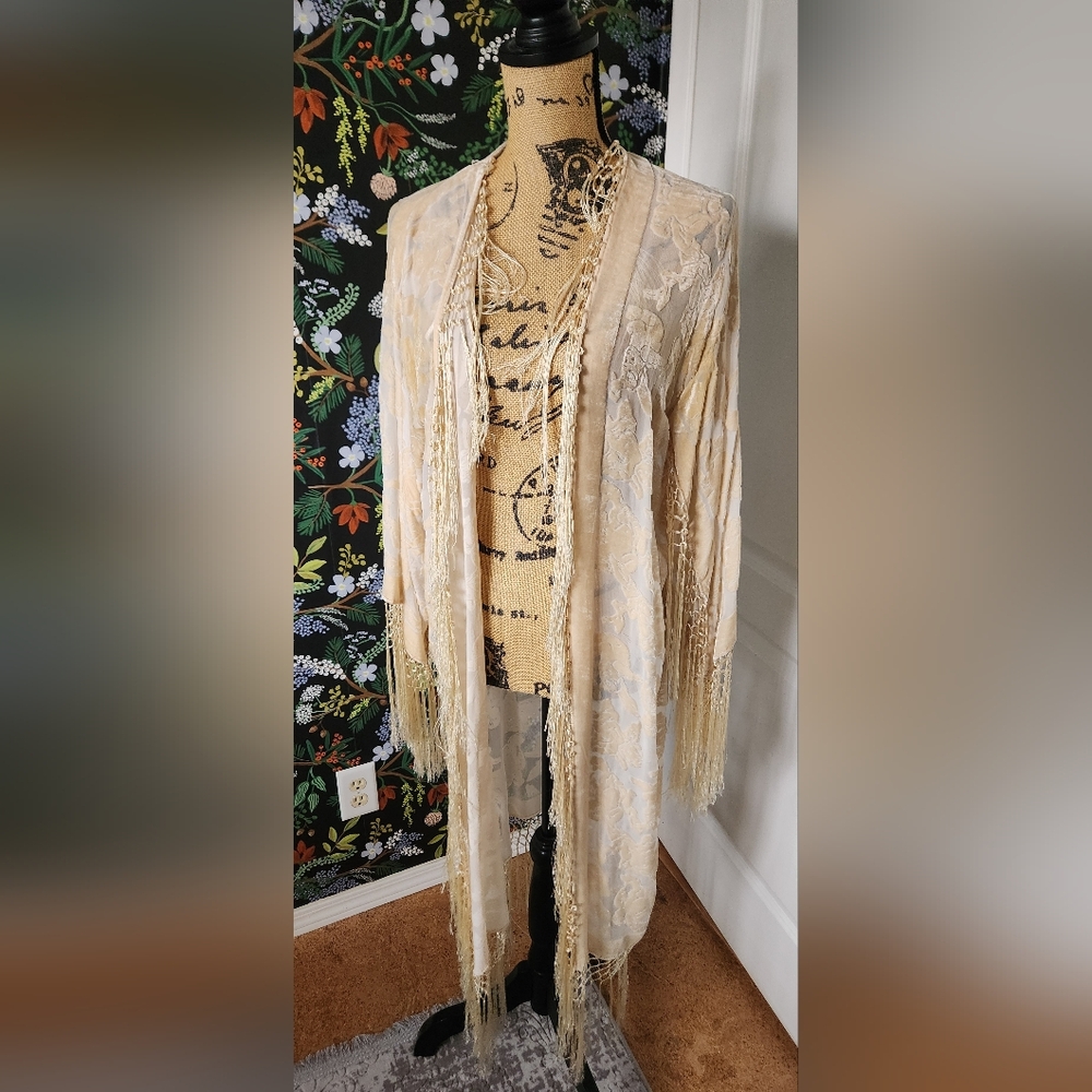 Beige Floral Kimono Style Cover Up with Fringe